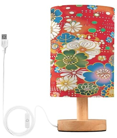 SKYSHU Lámpara de mesa de noche clásica japonesa, pequeña luz LED de escritorio, lámpara USB con base de madera antideslizante y pantalla agradable para los ojos para sala de estar, dormitorio,