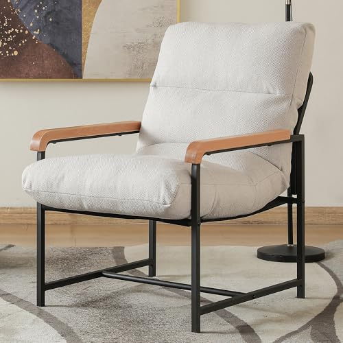 Mingone Sessel Loungesessel Stuhl Cocktailsessel (Weiß) | Armlehnen aus Massivholz Polstersessel mit Metallrahmen Moderner Loungesessel für Wohnzimmer Schlafzimmer bis 120kg