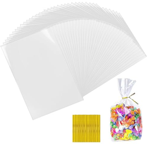 100 Stück Cellophantüten Klar 20 x 30 cm mit 100 Metallischen Bindebaender | Süßigkeiten Tüten, Zellophantüten Süßigkeiten Geschenkbeutel, für Süßigkeiten Mitgebsel Kindergeburtstag Gastgeschenke