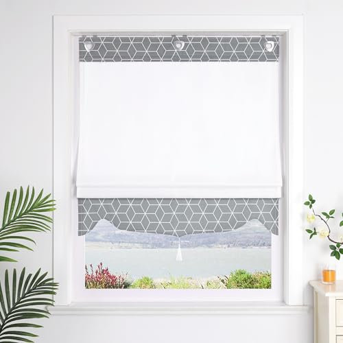 Verdunkelungsrollo mit Ösen, geometrisches Muster, Fenstervorhang ohne Bohren, 60x140cm, Grau, 1 Stück