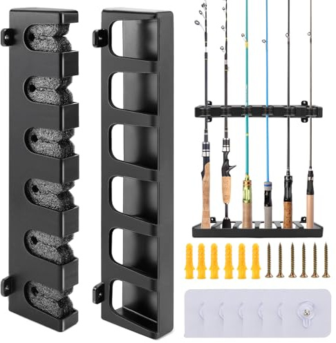 KOUHA Support Canne a Peche Verticaux Support Canne à Pêche pour le Rangement Verticaux à Montage Rod Rack avec Vis et Crochets à Installation Libre pour Garage Bateaux Mural Rod Rack de 6 Pôles
