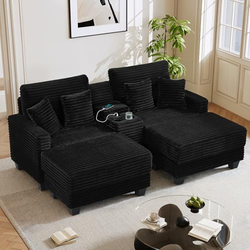 ONEMMLION 82.6 Oversized Double Chaise Lounge Indoor with Ottoman Sleeper Sofa Bed Reading Chair Comfy Corduroy Reclining Chairs for Living Room, Bedroom with Cup Holder, USB Port, Storage, Black