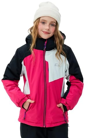 SMONTY Kids Winter Ski Jacket Boys Girls Waterproof Windproof Snowboard Warm Snow Outdoor Hooded Coat(14-16 Years,Black Pink)