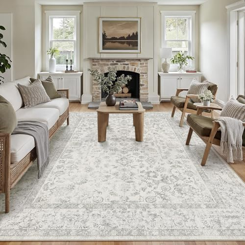 PureCozy Grau Teppich 200x300cm Wohnzimmer Vintage Waschbare Groß kurzflor rutschfest Weich Bumen Boho Retro Teppiche für Schlafzimmer Küchen Esszimmer Bedroom Living Room Büro