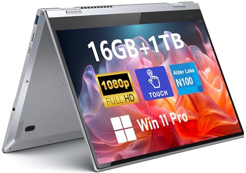FUNYET PC Portatili 2 in 1, processore N100, 16GB di RAM, SSD da 1TB, Win 11 PC Laptop,Computer Portatile 14 pollici Yoga,Tastiera retroilluminata, rotazione a 360 gradi, touchscreen
