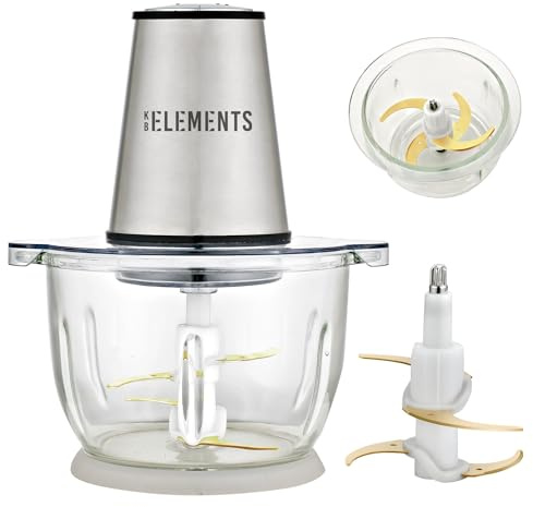 KB ELEMENTS Hachoir électrique – Moteur entièrement en cuivre de 300 W, bol en verre stable de 2 litres, double lame de coupe en titane, acier inoxydable