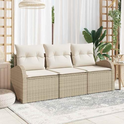 Tonture Gartensofa-Set Beige Poly-Rattan, Modulares Outdoor Loungesofa mit UV-beständigen Kissen, 3-Sitzer Sitzgruppe für Terrasse, Balkon, Gartenmöbel