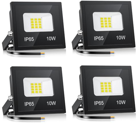 YIQIBRO 10W LED Strahler Außen, 4 Stück Klein 1000LM 6500K Kaltweiß IP65 Wasserdicht Außenstrahler Flutlicht, LED-Scheinwerfer für Garten, Garage, Hof, Außenbeleuchtung, Auffahrt