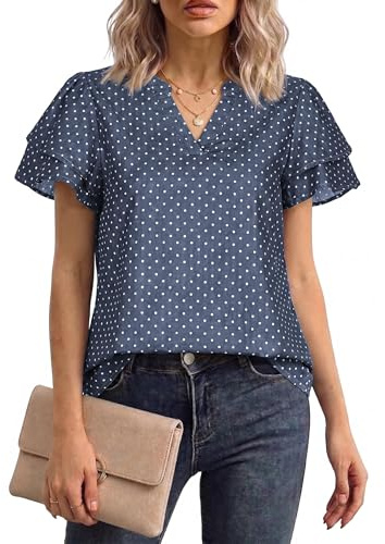 Fengbay Womens V Neck Ruffle Short Sleeve Denim Casual Blouse Summer | Soft Breathable;Elegant Split V Neck;Romantic Ruffle Sleeves;Relaxed Loose Cut;Versatile Summer Casual Blouse