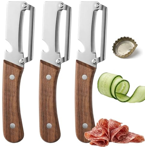 Pelador Multifuncional 3 en 1 con Mango de Madera Ergonómico, Pelador de Patatas y Frutas de Acero Inoxidable con Abrebotellas y Función de Cortador para Embutidos y Verduras - Zero Snag (3)