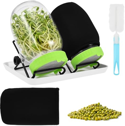 BUTORY 2er Pack Keimglas Set komplett, Glas Sprossenzucht Set mit Edelstahldeckel, Abtropfgestell, lichtdichter Hülle und Schale für Brokkoli, Mungbohnen und Alfalfasprossen
