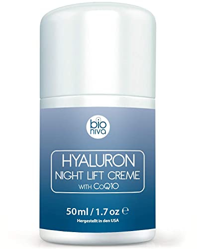 Hyaluronsäure Nachtcreme für das Gesicht. Bio Anti-Aging & Anti Falten Nachtpflege Feuchtigkeitscreme mit veganen Zutaten. Aloe Vera, Hyaluron, CoQ10, AHA, & Glykolsäure. Hochdosiert Testsieger. 50ml