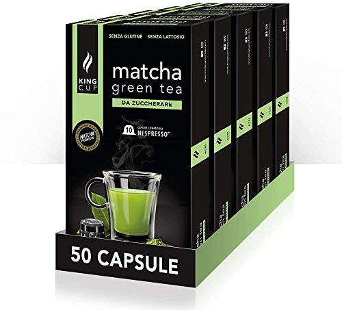 King Cup - 5 Paquets de 10 Capsules de Thé Matcha Sans Sucre, 50 Capsules 100% Compatible avec le Système Nespresso de Boisson Aromatisée Thé Matcha, Sans Gluten et Sans Lactose