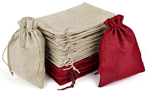 Funkprofi 30 sacos de yute, 20 x 15 cm, bolsas de tela con cordón, bolsas de lona para joyas regalo (color natural + rojo vino)