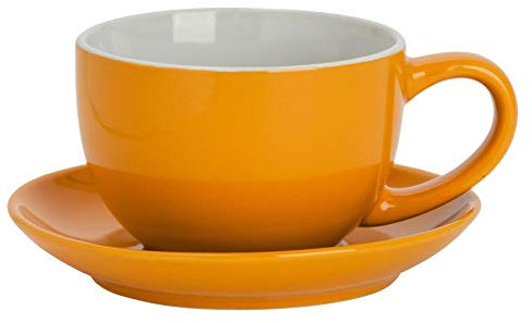 Argon Tableware Yellow Cappuccino Cup with Saucer - 250ml Dishwasher Safe Gloss Stoneware Cappuccino Cups and Saucer Set Coffee Mugs with Handle and Grooved Plate