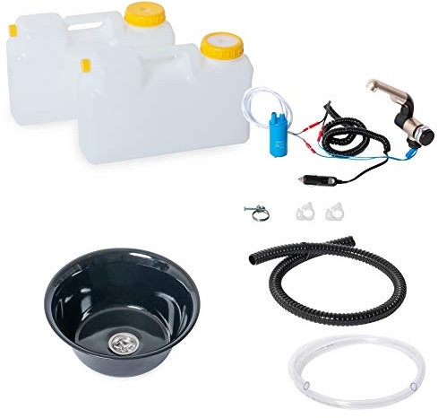 Wasseranlage Imbisswagen Verkaufsanhänger Campingküche 12v Bausatz Spüle Schwarz 24cm (240mm) Barwig Schwarz/chrom Raumsparkanister 12L (ad-ideen)
