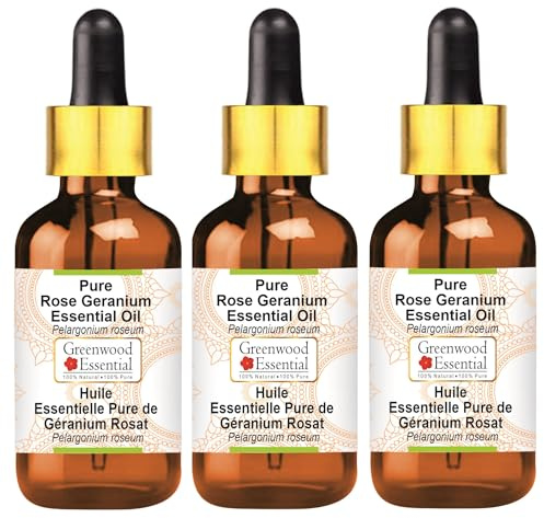 Greenwood Essential Huile essentielle naturelle de géranium rose (Pelargonium roseum) avec compte-gouttes en verre, distillée à la vapeur, 100 ml x 3 (10 oz)