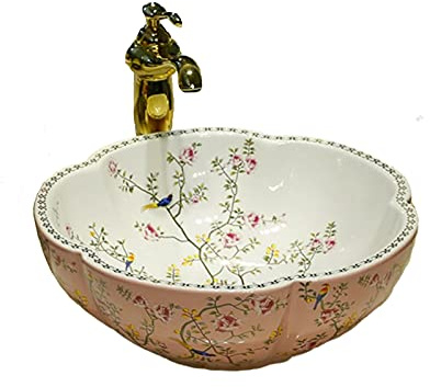 Pink Color Flower Shape Bathroom Vessel Sinks Ceramic Art Wash Basin with Flower Bird Pattern for Counter Vanity Top,1 Sink Only