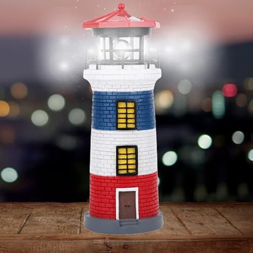 Leuchtturm-Licht, Solar-LED-Garten-Leuchtturm, Solar-Gartenleuchten, LED-Solarenergie-Leuchtturm-Statue, rotierende Außenleuchte für den Außenbereich, Dekoration für Garten, Zaun(Rot, Blau und Weiß)