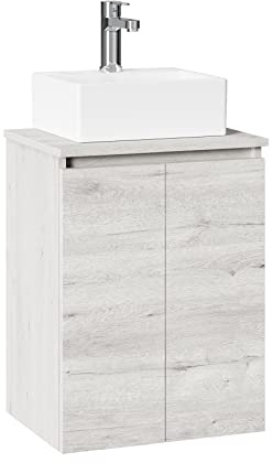 Baikal Mueble de Baño Onyx con Fondo Reducido. Mueble Suspendido en Pared Incluye Lavabo cerámico sobre encimera. Mueble Montado. Sin Espejo 46 cm Fondo 36, 2 Puertas Roble Gris