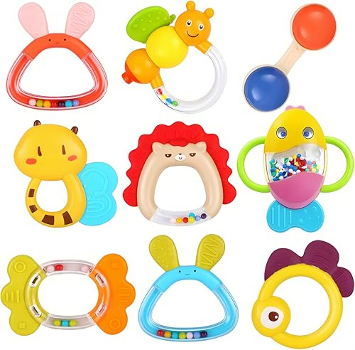 MOONTOY Skallande bitring set babyleksak sensorisk babyleksak 0–12 månader shaker ta tag i skallra baby spädbarn nyfödda leksaker tidiga pedagogiska leksaker för 3, 6, 9, 12 månaders pojkar flickor