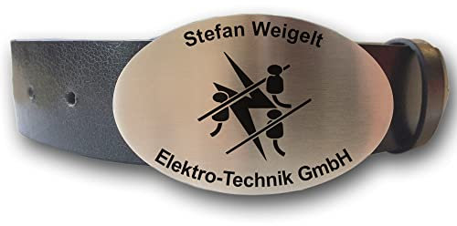 elbedruck Ledergürtel mit ovaler Gürtelschnalle Zunftsymbol Elektriker und Wunschgravur personalisiert Dein Text Name Firmenname Geschenkbox Workwear (L (Länge 120 cm))