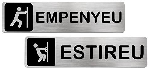 MovilCom® - Confezione di due segnali in acciaio inossidabile in catalano EMPENYEU / ESTIREU | Piastra porta in catalano | Schede informative 200x50mm