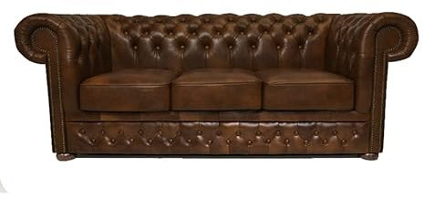 Chesterfield Sofa First Class - The Brand | 3 Sitzer Sofa | 100% Leder, handgefertigt, Original Breite 200 cm | Cloudy Hellbraun