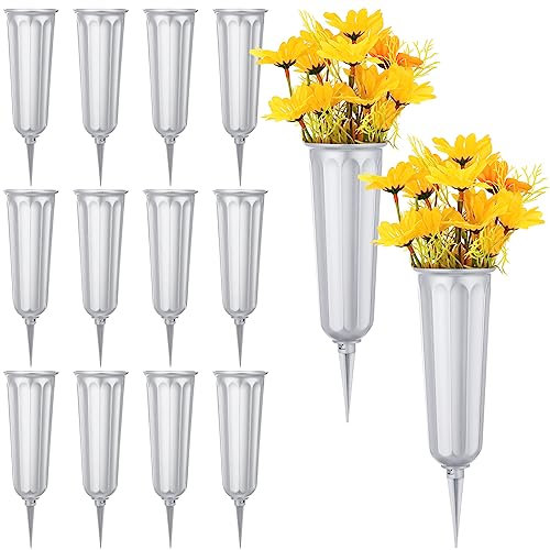 12 Pcs Cemetery Vases with Spikes Plastic Memorial Floral Grave Flower Holder Cone In Ground Vases with Stakes for Lawn Headstone Graveside Decoration Artificial Fresh Flowers(Gray)