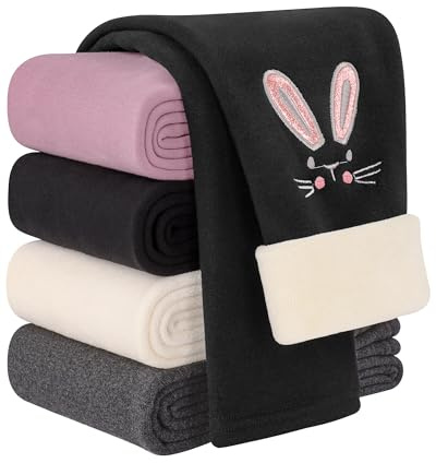 Auranso Girls Fleece Lined Thermal Leggings Cotton Embroidery Pants 3-9 Y | Toddler thick warm trousers, stretch fabric, cute bunny pattern, tight pants, machine wash, Black, navy, grey, pink