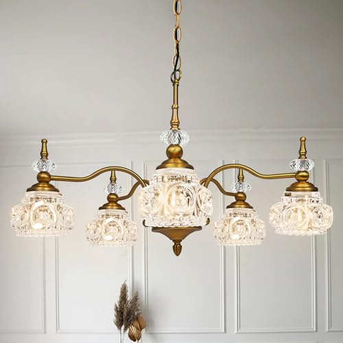Montex Brass Pendant Light Fixture, Gold Vintage Chandelier Light Fixture 5 Lights, Include 6 Light Bulbs Glass Pendant Light Crystal Hanging Light