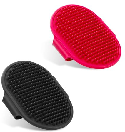 TIESOME 2Stück Silikon Katze Hund Badebürste, Hund Grooming Brush Pet Shampoo Brush Beruhigende Massage Gummi Kamm Haar Fell Reinigungsbürste mit verstellbarem Ring Griff für kurze (Rosenrot,Schwarz)