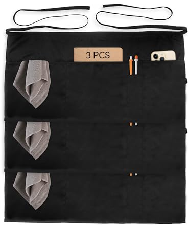 Xeoxarel 3 Pack Server Aprons with 4 Pockets, Unisex Waitress Waiter Waist Apron for Women and Man Half Black 11.5''