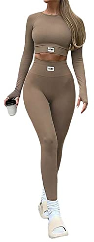 Loalirando Completo Sportivo Donna Tuta da Ginnastica 2 Pezzi Tinta Unita Crop Top Manica Lunga Collo Rotondo + Pantaloni a Vita Alta Sportwear per Yoga Corso Palestra Fitness (Marrone, M)