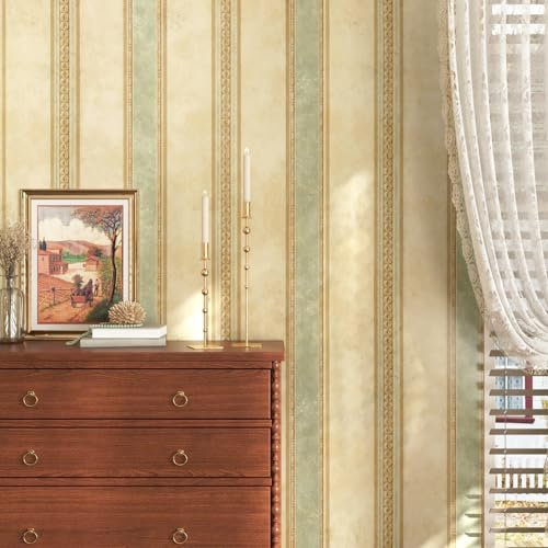 HotDecor Carta da parati vintage a righe per soggiorno, 53 x 300 cm, giallo chiaro/verde con retro adesivo in plastica retro retro retro carta da parati per camera da letto autoadesiva contatore