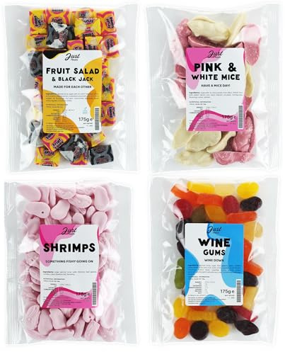Just Treats Sweet Quartet - Fruit Salad & Black Jacks, Pink & White Mice, Candy Shrimps & Dolly Mix (4 x 175g Bags) - 7,11,13,23
