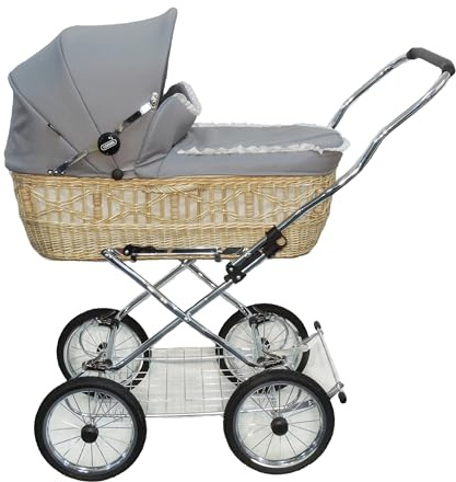 EICHHORN Kinderwagen Weidenkorb - Kinderwagen aus echter Weide, handgeflochten, Korb Natur, Stoff Grau, ECCO-Räder