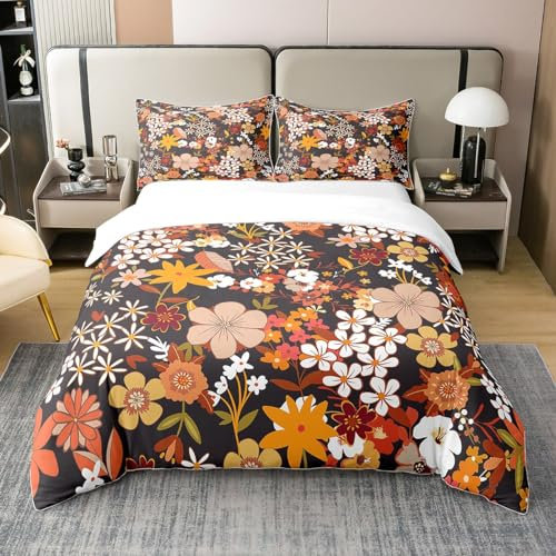 Funky Blume 100% Bio Baumwolle Bettbezug für Mädchen Jugend,Bunte Groovy Floral Bettwäsche Set,Bauernhof Stil Tröster Abdeckung,Retro 60Er 70Er Jahre Garten Bett Sets mit 2 Kissenbezüge 200x200