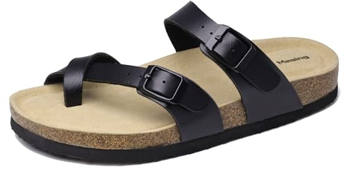Mesing Ciabatte Infradito Donna Uomo Estive con Plantare in Sughero Comodi Sandali Ortopedici Pelle Scamosciata Antiscivolo Pantofole XZ901-Black-EU37