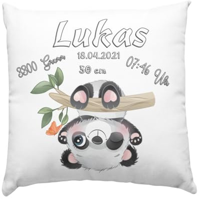 Baby Geschenk Kissen mit Namen und Geburtsdaten - Geburt Junge oder Mädchen Geburtsgeschenk Babykissen -personalisierte Babygeschenke -taufgeschenk von Taufpaten - neugeborenen pandabär hängt