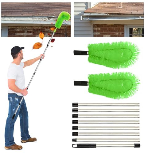 Longzhuo Gutter Cleaning Brush - 3.1m/10.1Ft 8-Section Extendable Telescopic Poles Roof & Window Cleaner Tool, Hard & Soft Dual Bristle Heads for Leaves, Debris, Moss, Spider Webs (Green)