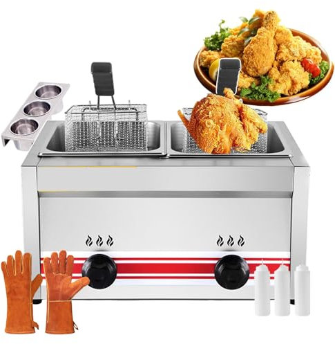 forplubossmmp Countertop Electric Deep Fryer Pot for Commercial, Countertop Chip Fryer Stainless Steel Deep Fryer w/Dual Tank, Large Capacity Countertop Cooktops for Kitchen Dining (with Gloves),001