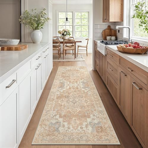 GENIMO Vintage Läufer Teppich Sandbeige, Waschbar für Flur, 80x200 cm
