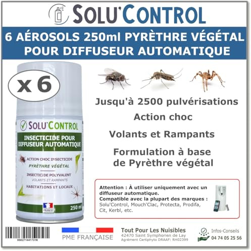 6 Aérosols Insecticide 250 ml au Pyrèthre Végétal - Compatible Diffuseur Automatique - Action Choc Contre Volants et Rampants