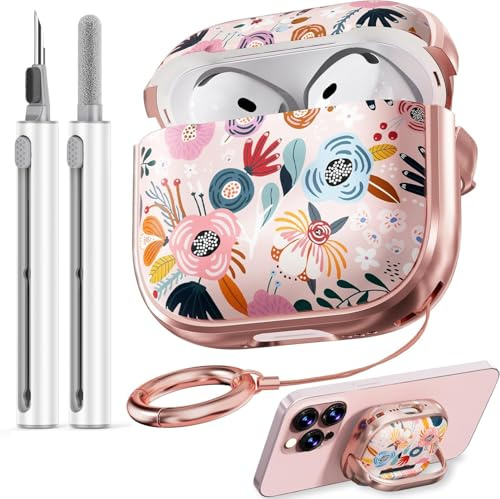 Inesore for AirPods 4 Case (2024) with Lock-Pink Berry Flower | Two-Piece Design,with Gold Keychain & Cleaning Pen,Support Wireless Charging,Cute Luxury Case for Women Girly