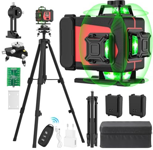 Nivel Láser 4D 16 Líneas 4x360° Autonivelante Con Trípode 1M - Verde de Alta Precisión Con Tipo C, Mando a Distancia y 2 × 3600 mAh Baterías