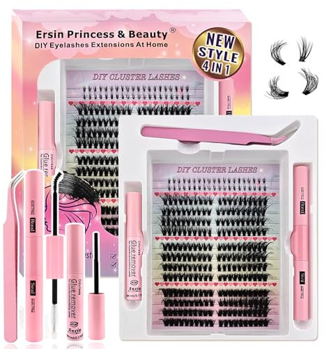 Extensions de cils Set 280Pcs Faux cils pelucheux cluster et Clear Band Bottom Lashes Cluster Cils Artificiels Avec Bond and Seal et Retirer les résidus de colle, Pince à épiler(456K-Kit)