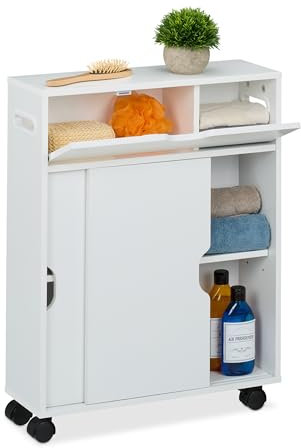 Relaxdays Nischenwagen, Schiebetüren, HBT: 67 x 17 x 52 cm, Bad und Küche, MDF, schmaler Rollwagen, mit Griffen, weiß