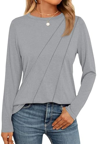 WNEEDU Långärmad damtröja elegant rund hals t-shirt lätta toppar casual veckad tunika toppar, LJUSGRÅ, XL