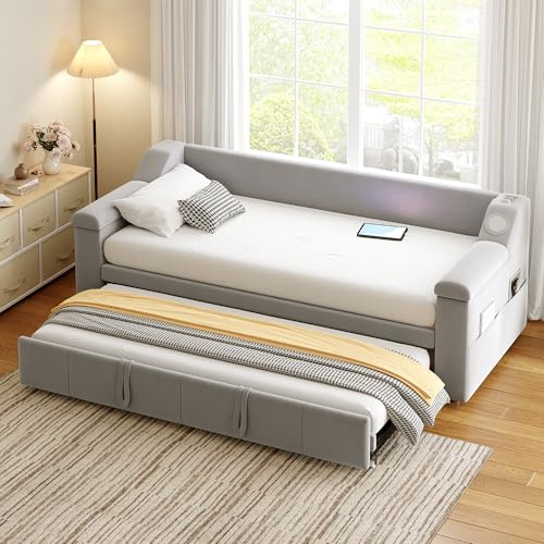 Biqzuya - Sofá cama convertible de 90 x 190 cm con altavoz Bluetooth, reposabrazos XXL y almacenamiento integrado | terciopelo | carga USB + latón + soporte para objetos (sin colchón)